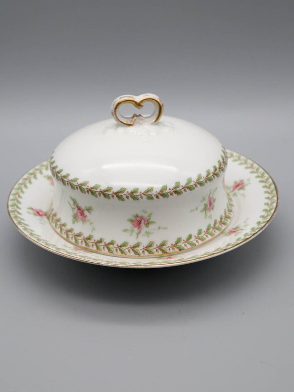 Antique Wm. Guerin & Co. Limoges France Domed Lid Butter Dish Pink Rose & Laurel